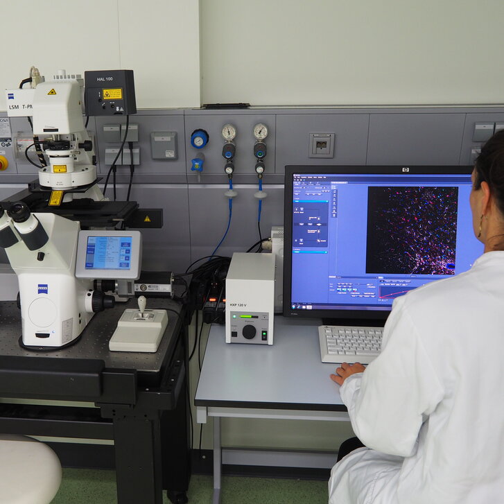 Forscherin beim Mikroskopieren mit dem Laserscanningmikroskop LSM700