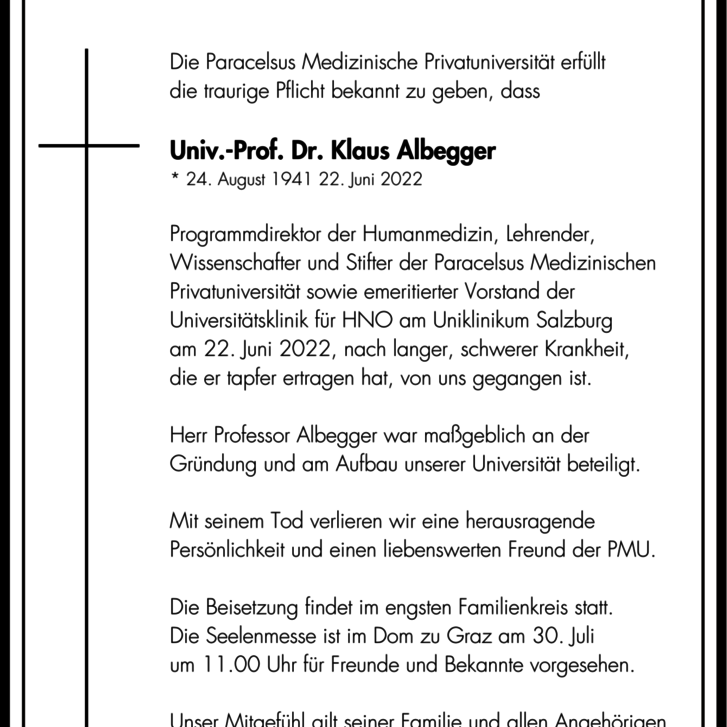 Die Paracelsus Universität trauert um Univ.-Prof. Dr. Klaus Albegger