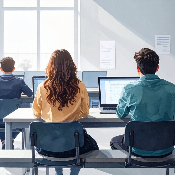 Studierende von hinten in universitärer Prüfungssituation 